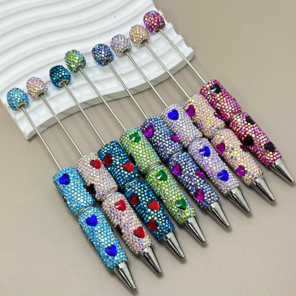 Beadable Clay Pens with Colorful Hearts & AB Rhinestones Covered the Entire Pen