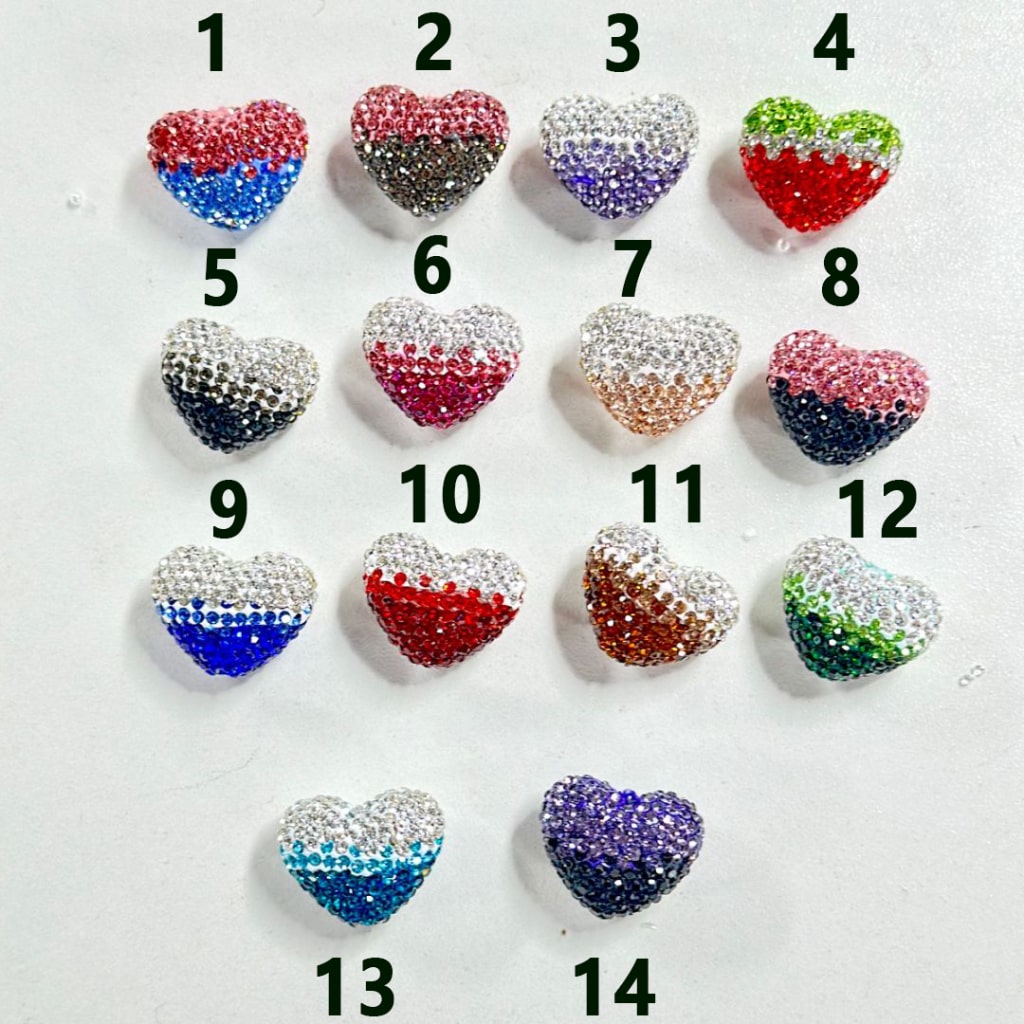 Bling Bling Heart Clay Beads with Duotone Colors Rhinestones, Around 22*18MM, Please Read the Description