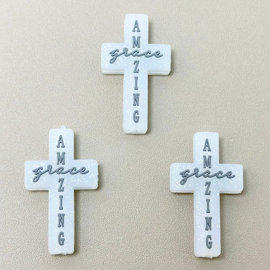 White Glitter Cross Amazing Grace Christ Jesus Religion Silicone Focal Beads