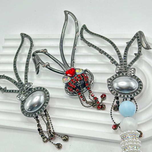 Vivid Gun Black Alloy Rabbit Bunny's Long Ear Oval Head with Red Rhinestones Chains Pendants Heart Diamonds Black Oval Pearls Clay Beads, Around 100*78MM