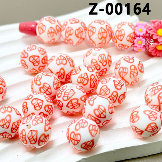 Red Heart White Round Printed Silicone Beads 15mm, Number Z-00164