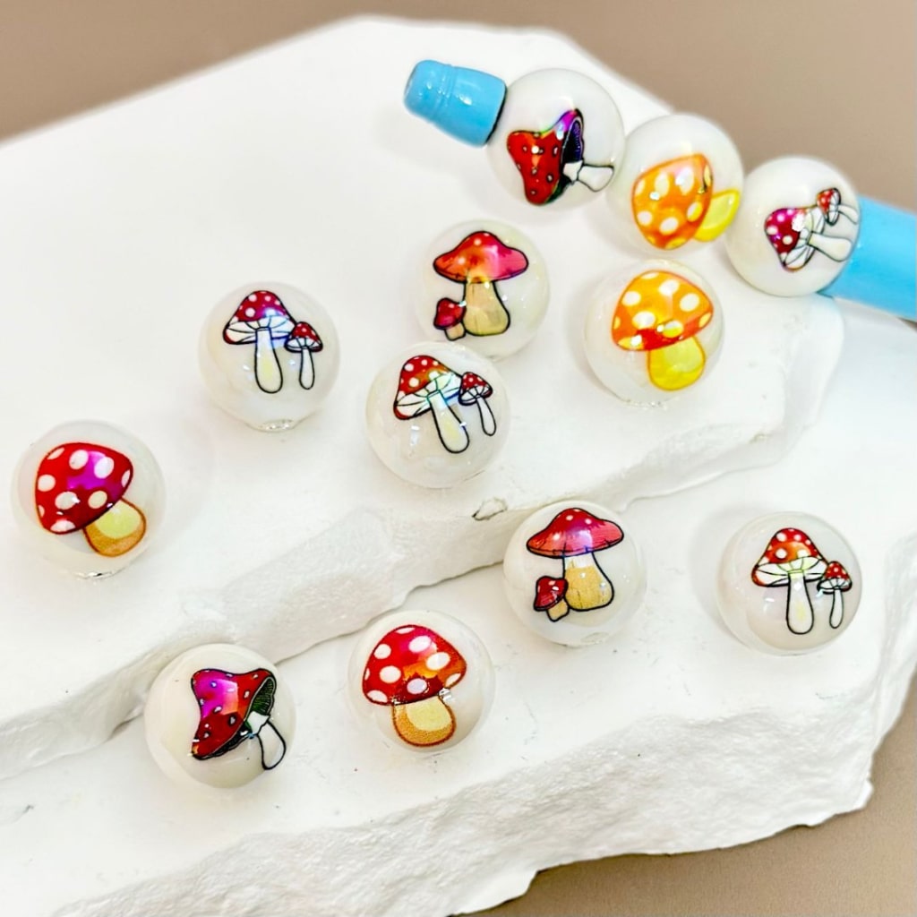 UV Finish Cute Mushroom Glossy White Round Acrylic Beads, 16MM, Random Mix