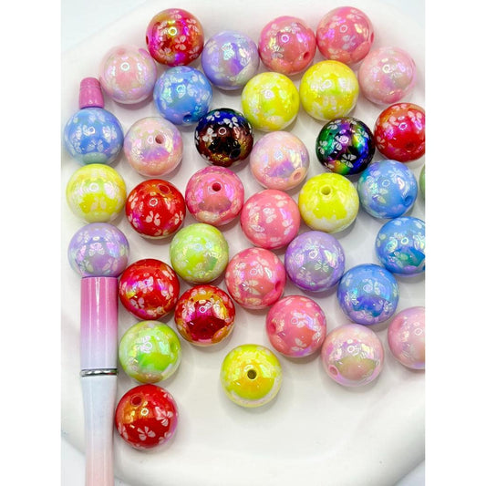 UV Coating Acrylic Beads with Butterfly Bowknot Prints in Solid Colors, Random Mix, 20MM