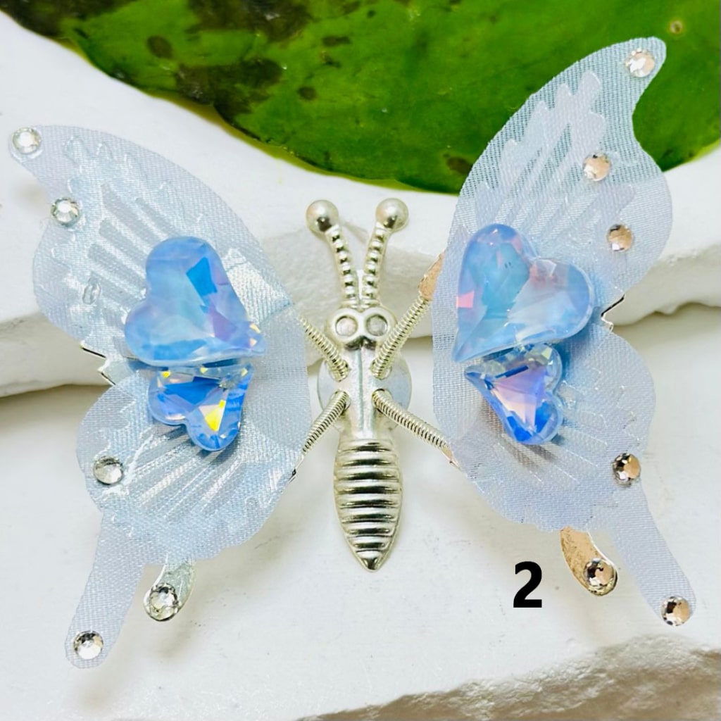 Exquisite Silver Alloy Butterfly with Clear Rhinestones Colorful Fabric Wings Shiny Hearts Diamonds, Around 53*43MM