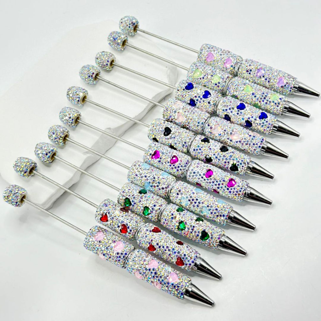 Beadable Clay Pens with Multi-Color Hearts Mini AB Rhinestones Covered the Entire Pen