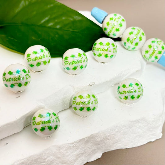 UV Finish Green Clovers Saint Patrick's Day Glossy White Round Acrylic Beads, 16MM