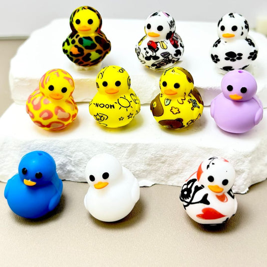 3D Little Cute Colorful Printed Ducks Silicone Focal Beads, Random Mix