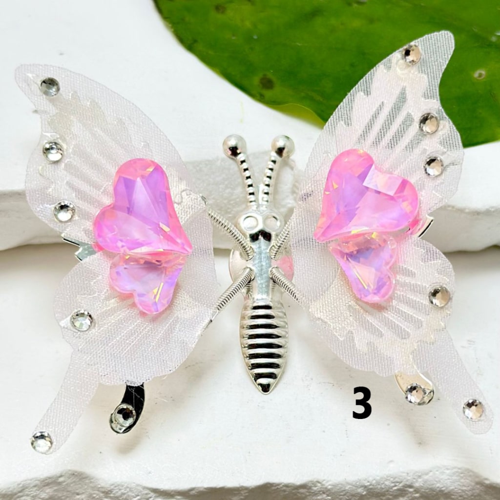 Exquisite Silver Alloy Butterfly with Clear Rhinestones Colorful Fabric Wings Shiny Hearts Diamonds, Around 53*43MM