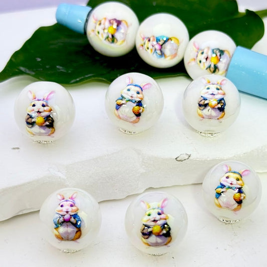 UV Finish Cute Bunny Rabbit Easter White Round Acrylic Beads, 16MM