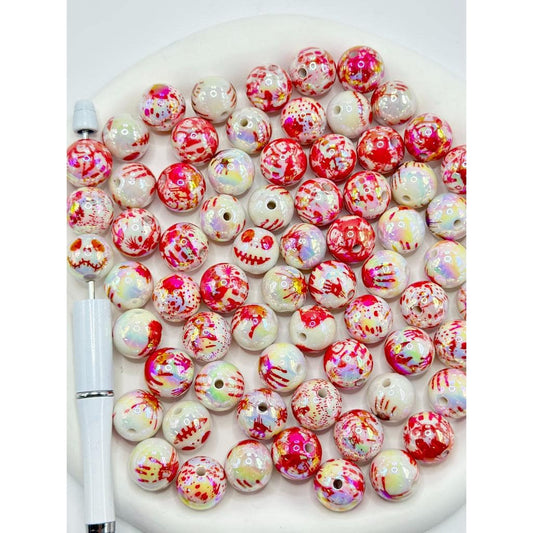 White UV Coating Red Bloody Hand Print Acrylic Beads, Random Mix, 16MM