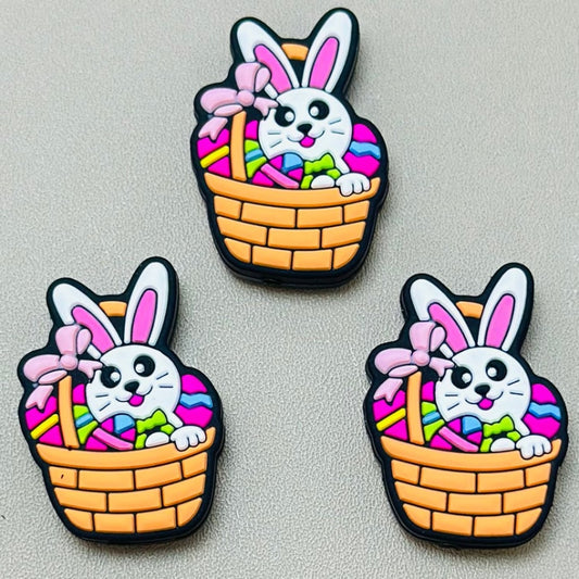 Little Cute White Bunny Rabbit Sits in a Basket with Colorful Eggs Easter Silicone Focal Beads