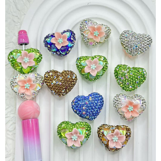 Colorful Heart Small Flower Clear Rhinestone Clay Beads, Random Mix, 19*24MM