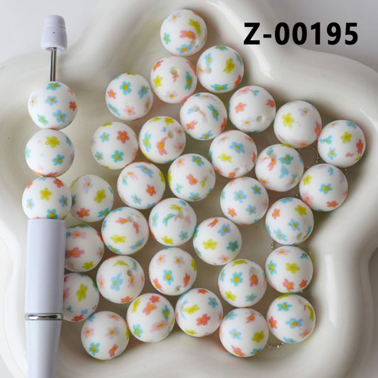 Mini Cute Colorful Flowers White Round Printed Silicone Beads 15MM, Number Z-00195