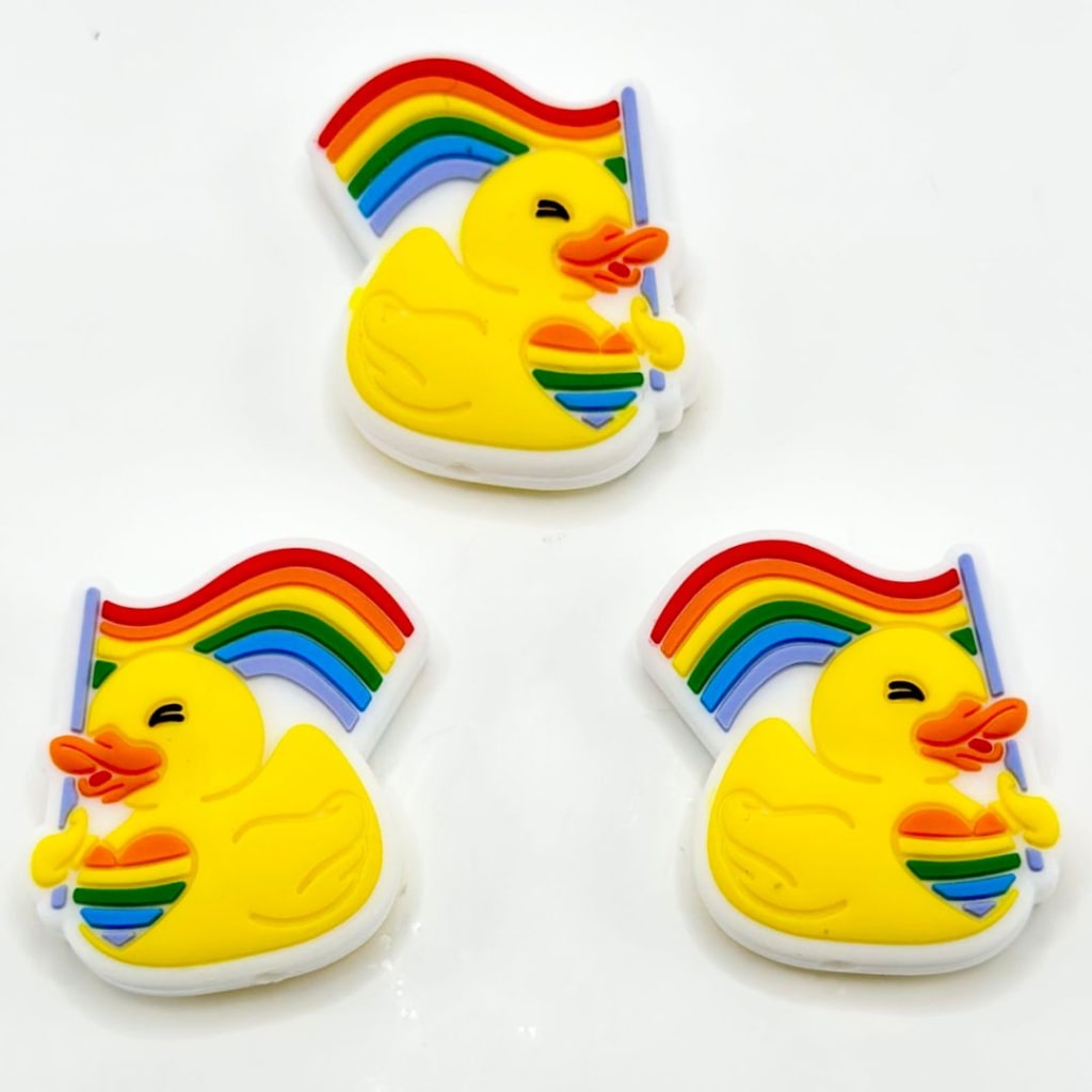 Little Cute Yellow Duckling with a Rainbow Heart Holds a Rainbow Flag Silicone Focal Beads