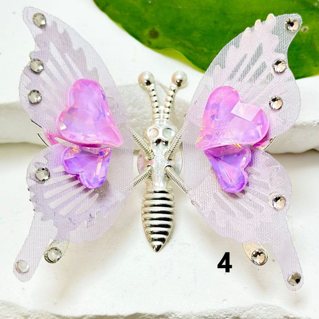 Exquisite Silver Alloy Butterfly with Clear Rhinestones Colorful Fabric Wings Shiny Hearts Diamonds, Around 53*43MM