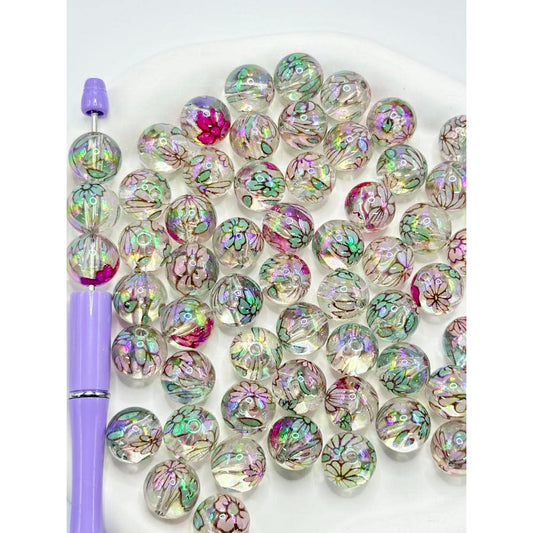 UV Coating Clear Acrylic Beads with Small Flower Prints, Random Mix, 16MM