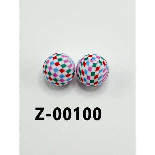 Green Blue Red Rose Red Tetrachoric Checkered White Round Printed Silicone Beads 15mm, Number Z-100