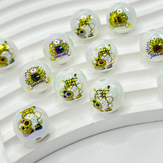 UV Finish Sunshine Sun Flower Little Gnome White Round Acrylic Beads, Random Mix, 16MM