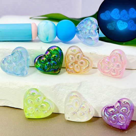 Luminous UV Finish Shiny Colorful Heart with Flower Acrylic Beads, Around 21*17MM, Please Read the Description