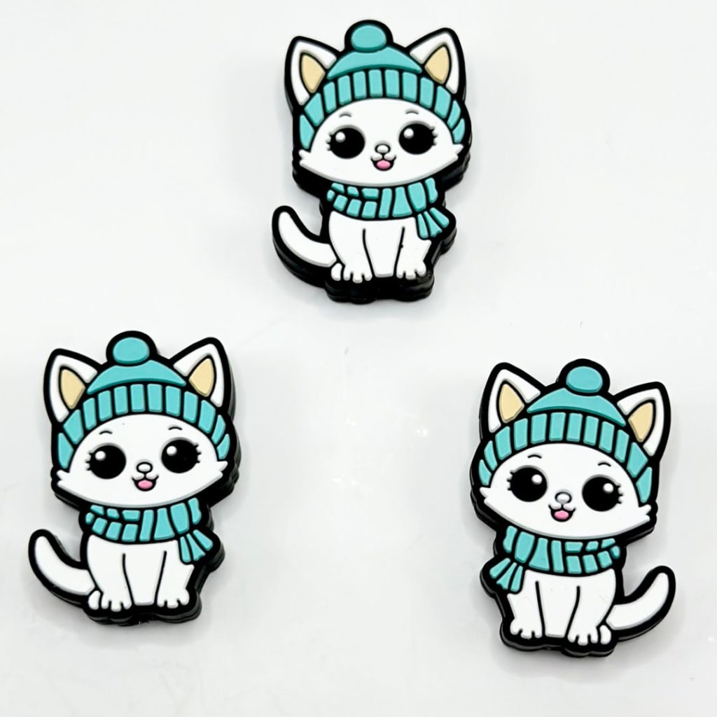 Little Cute White Cat Kitten with a Teal Scarf Hat Silicone Focal Beads