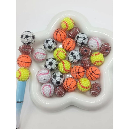 Sports Beads, Mix of Sports Balls Football Basketball Soccer Baseball Round Acrylic Beads, 20mm