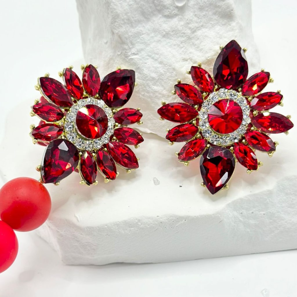 Bling Bling Alloy Sunflower Brooch with Red & Clear Rhinestones Oval Pearls Butterfly Heart Diamonds Mini Cute Flower Clay Beads, Around 44*38MM