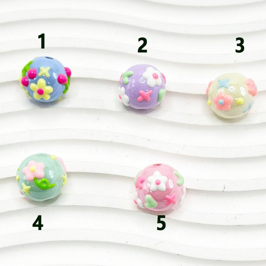 Shiny Solid Color Round Acrylic Beads with Mini Cute Flowers Cherries Stars, 16MM, Please Read the Description