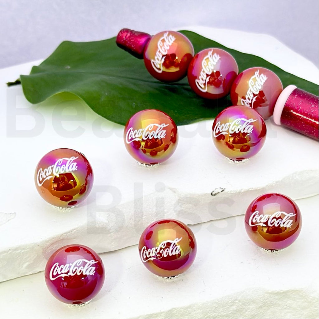 Coc Col Coke Soda Soft Drink Red Round Acrylic Beads, 16MM, Random Mix