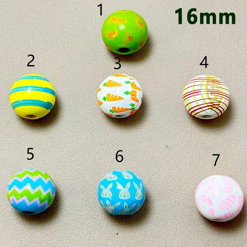 Easter Series Colorful Flowers Eggs Bunnies Rabbits Carrots Round Wooden Beads, 16MM, Please Read the Description