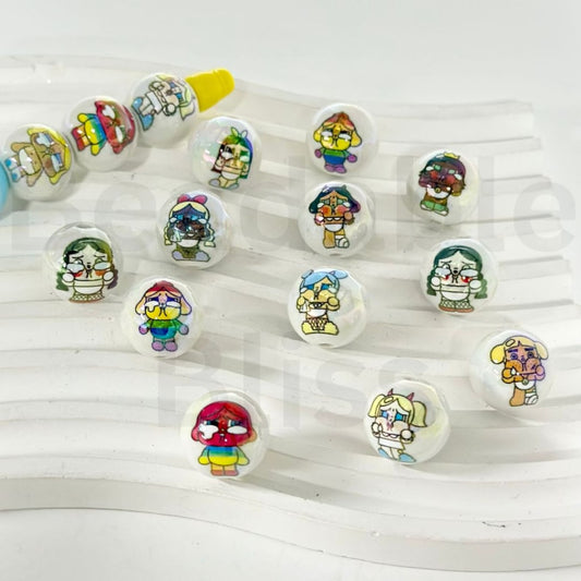 UV Finish Little Cute Cartoon Characters White Round Acrylic Beads, 16MM