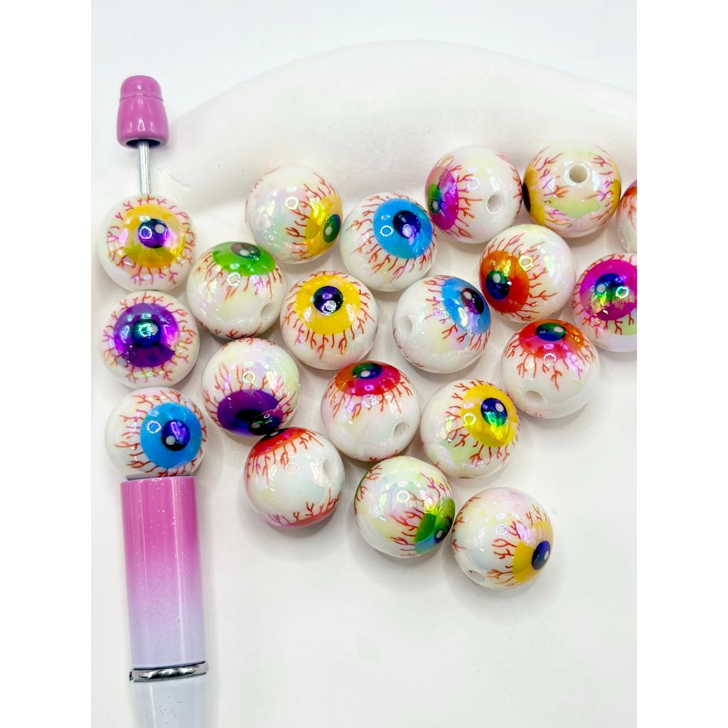 White UV Coating Acrylic Beads with Hallowmas Eyes Prints, Random Mix, 16MM