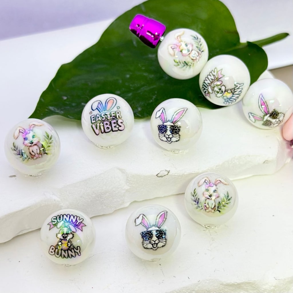 UV Finish Cute Bunny Rabbit with Sunglasses Easter Vibes White Round Acrylic Beads, 16MM