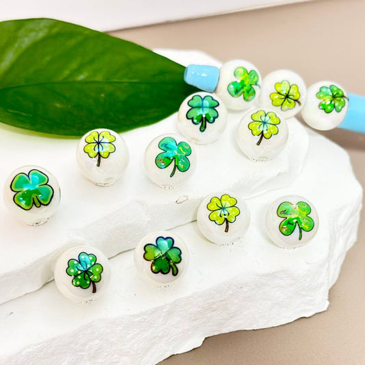 UV Finish Green Four-Leaf Clovers Saint Patrick's Day Glossy White Round Acrylic Beads, 16MM