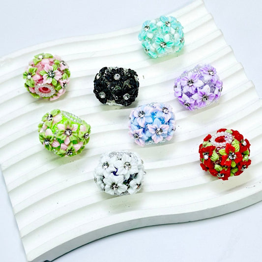 Multi-Color Cute Flowers Clear Rhinestone Inside White Pearls Ring Clear Sugars Round Clay Beads, 20MM