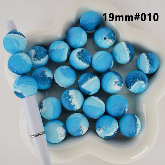 Large Blue Ocean Sea Round Printed Silicone Beads 19MM, Number 010