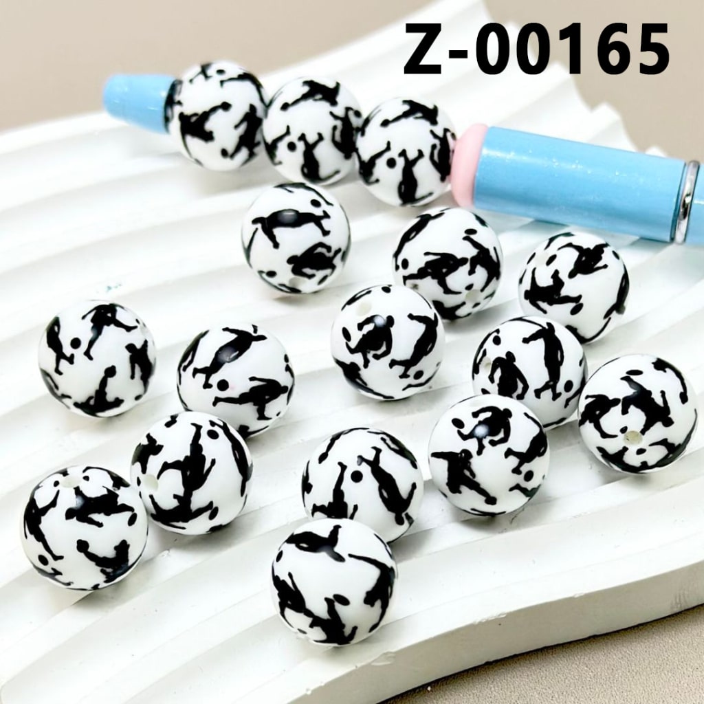 A Man Plays Football White Round Printed Silicone Beads 15mm, Number Z-00165