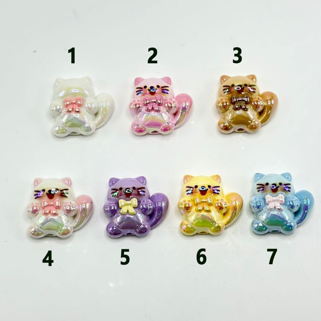 UV Finish Multi-Color Cute Cat Kitten with Bowknots Acrylic Beads, Around 24*26MM