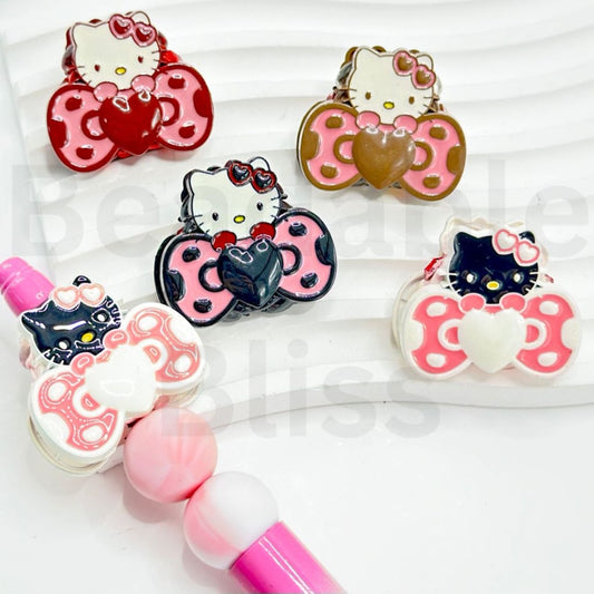 Cute Alloy HK Kitten with Heart Bowknot Shiny Rhinestones Oval Pearls Clay Beads, Random Mix, Around 30*27MM