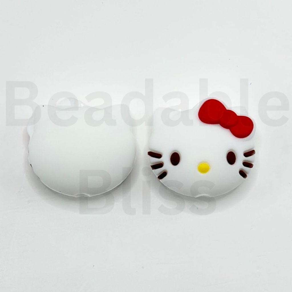 3D Mini Cute HK Kitten Head with Red Bowknot Silicone Focal Beads