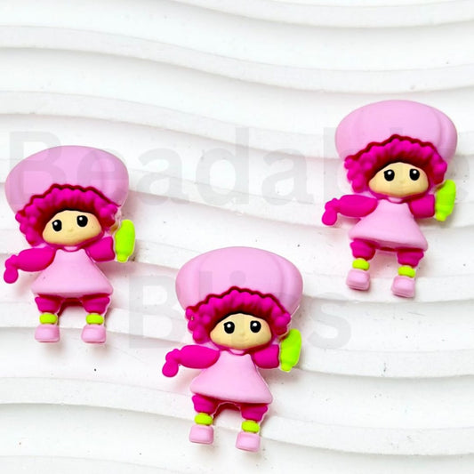 3D Little Cute Girl in Pink & Rose Red Strawberry Shortcak Silicone Focal Beads