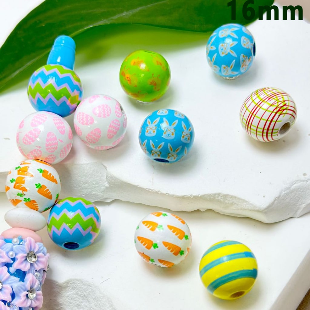 Easter Series Colorful Flowers Eggs Bunnies Rabbits Carrots Round Wooden Beads, 16MM, Please Read the Description