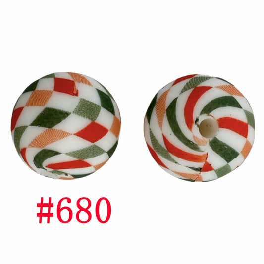 Colorful Checkered Chess Plaid Pattern Round Printed Silicone Beads 15mm, Number 680