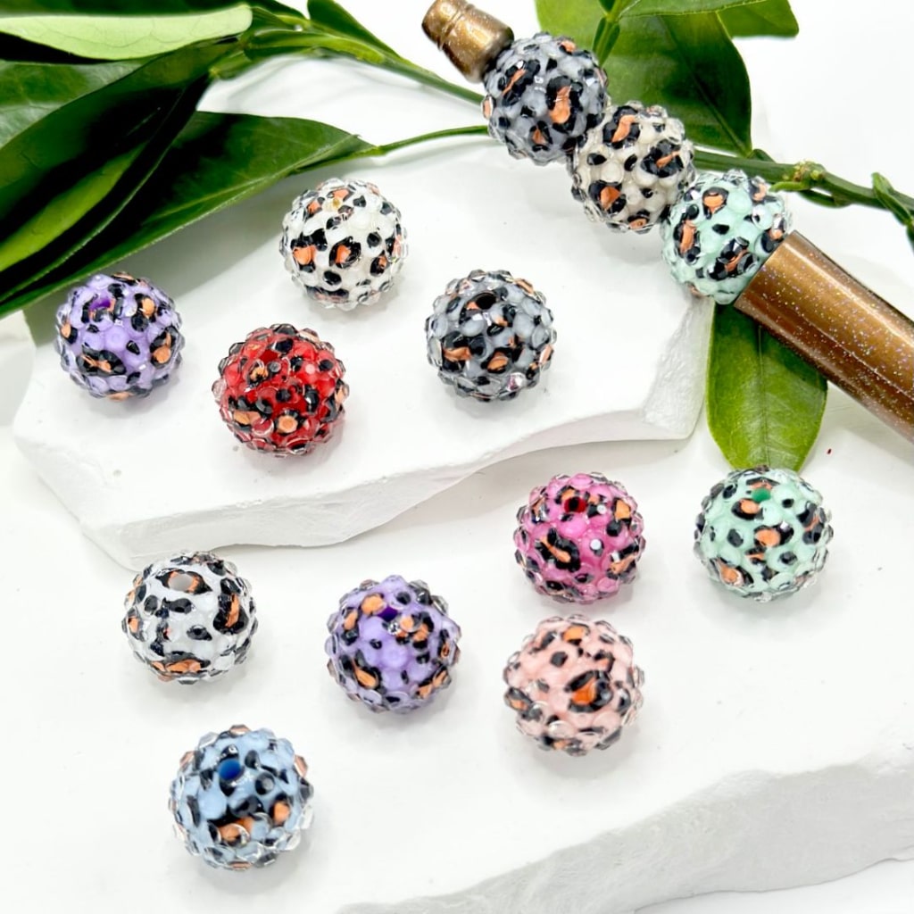 Clear Rhinestones Jaguar Prints Multi Color Round Acrylic Beads, Random Mix, 16MM