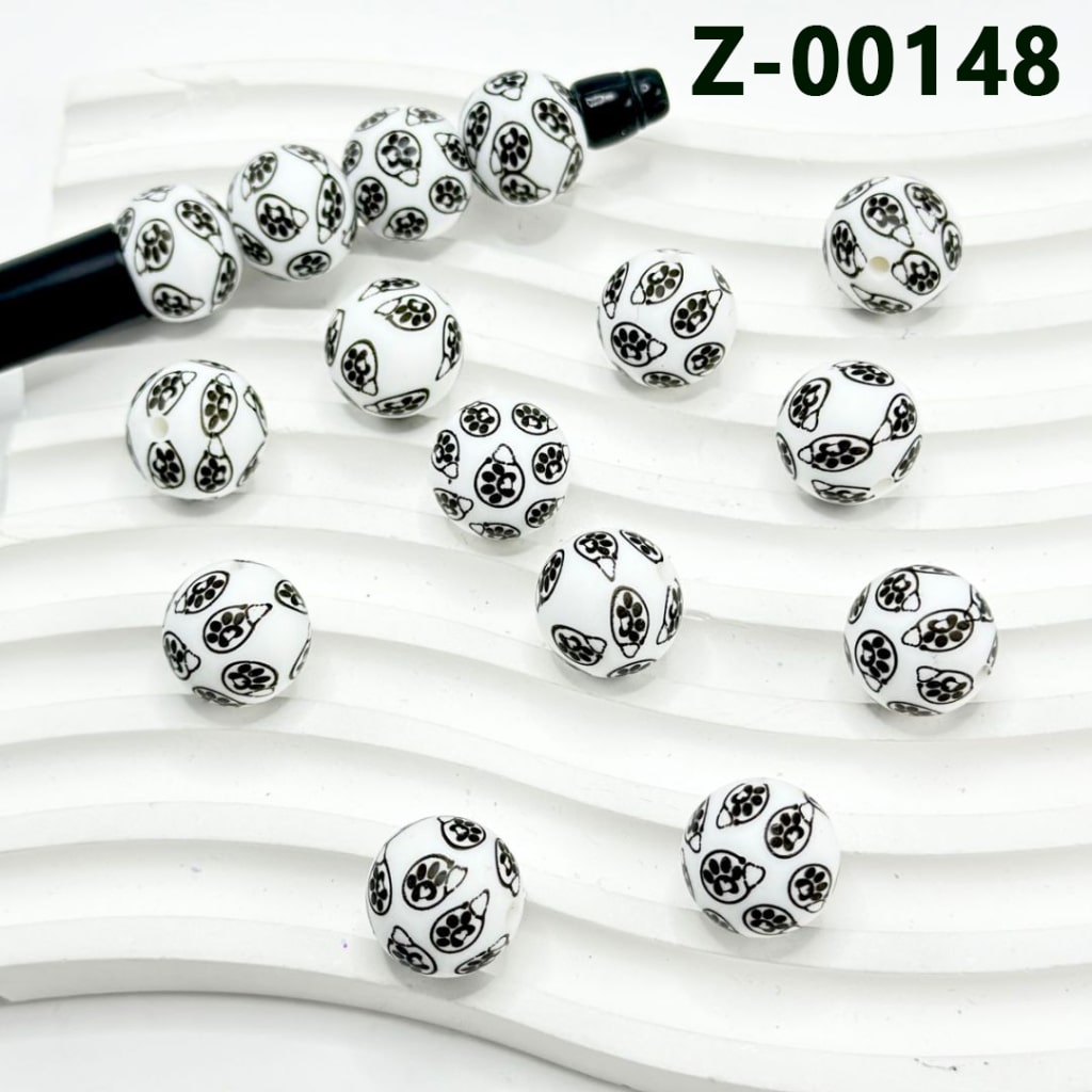 Black Paw Print White Round Printed Silicone Beads 15mm, Number Z-00148