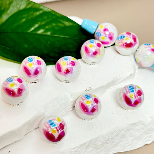 UV Finish Hop Hop Colorful Eggs Cute Bunny Rabbit Easter Glossy White Round Acrylic Beads, 16MM