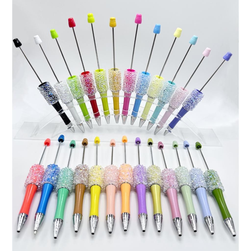 Beadable Pens in Solid Colors with Flatback Clear Rhinestones in AB Color, Half Diamond Shape Random Mix