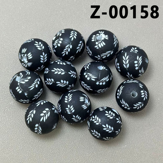 White Tree Leaves Black Round Printed Silicone Beads 15mm, Number Z-00158