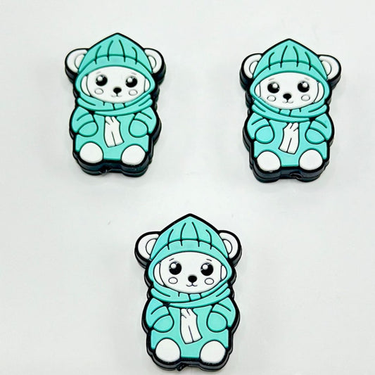 Little Cute White Bear in a Teal Hoodie Coat Silicone Focal Beads