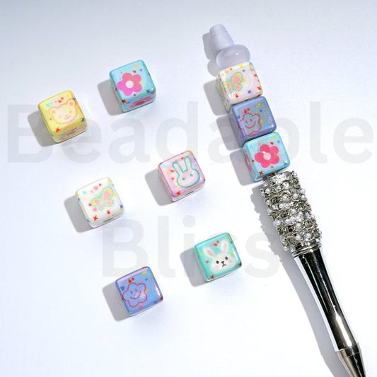 UV Coating Cute Bear Bunny Flower Star Cube Square Acrylic Beads, 14MM, Random Mix