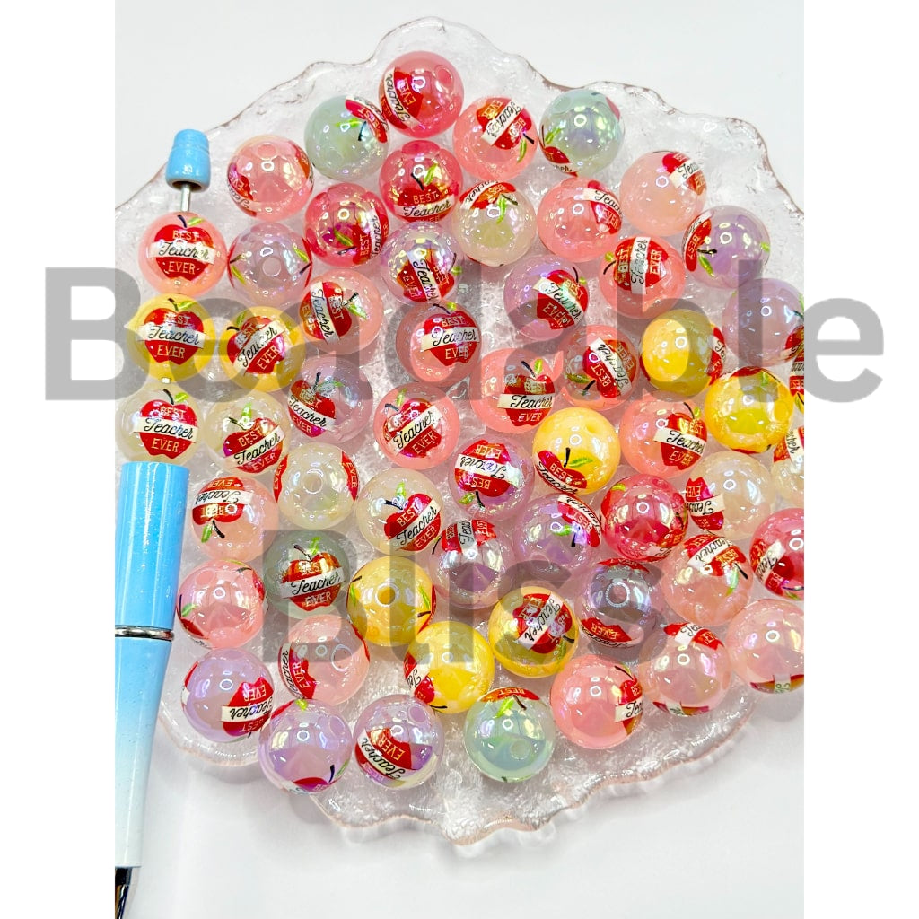 Best Teacher Ever Jelly Color Round Acrylic Beads, Random Mix, 16MM